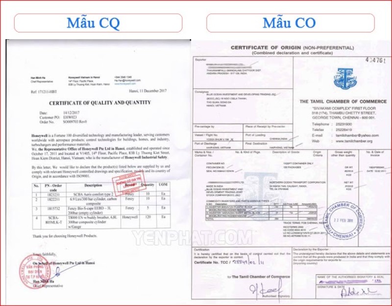 Mẫu chứng nhận CO/CQ