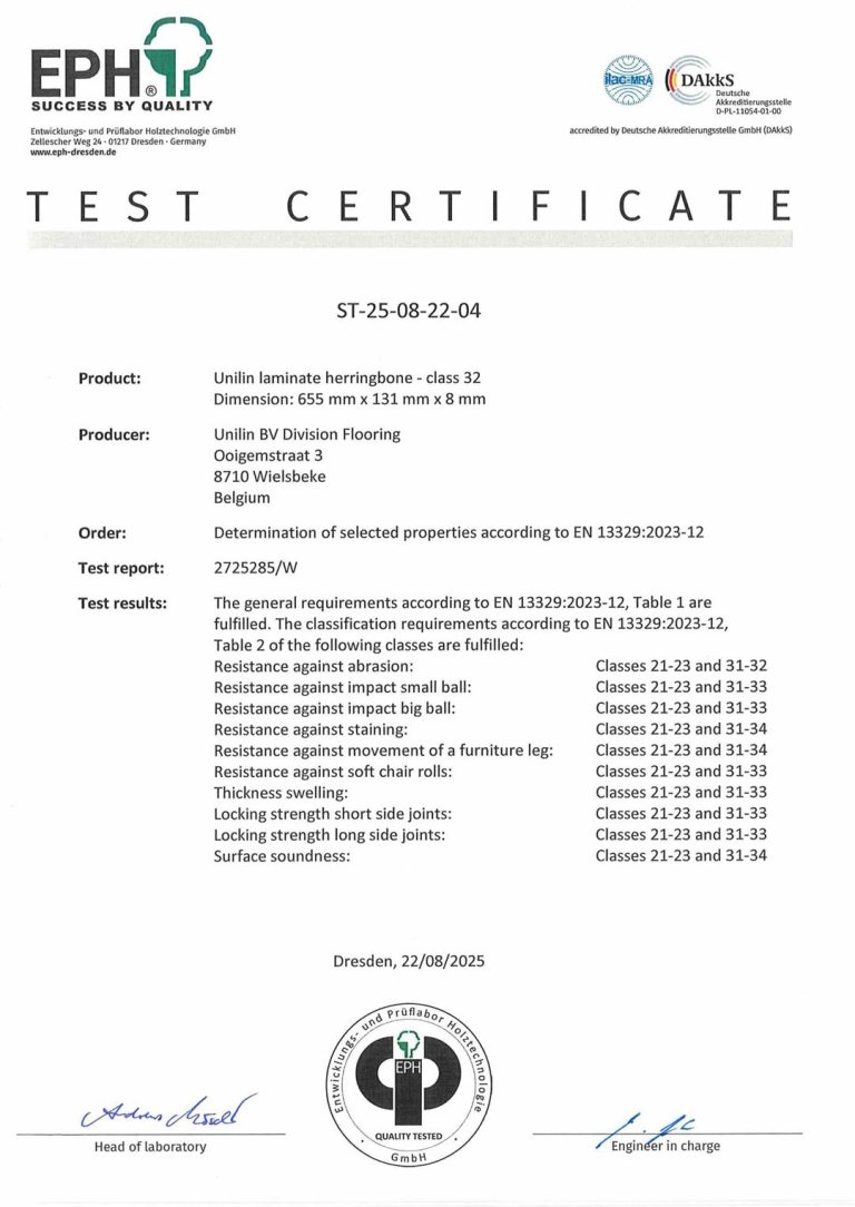Chứng nhận test đạt tiêu chuẩn của phân khúc Class32 Herringbone